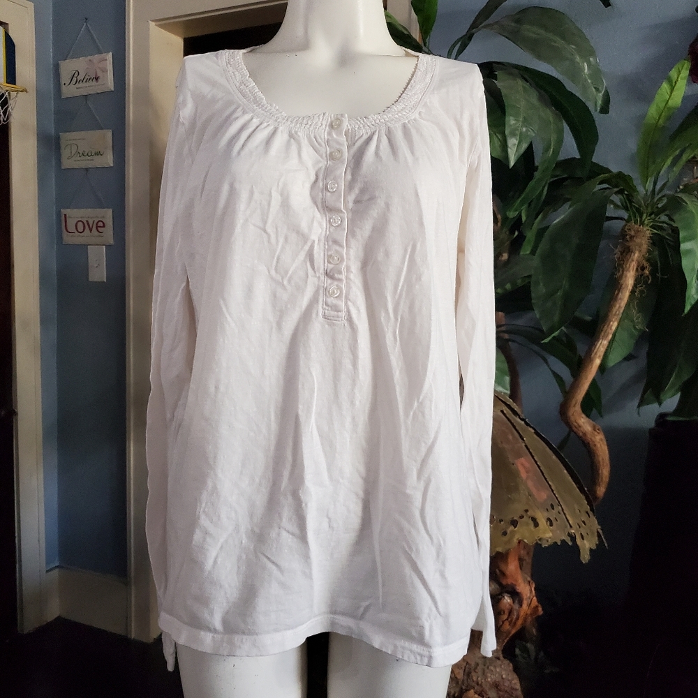 Faded Glory Off White Smocked Neck 100% Cotton Longsleeved Tops L (12-14)
